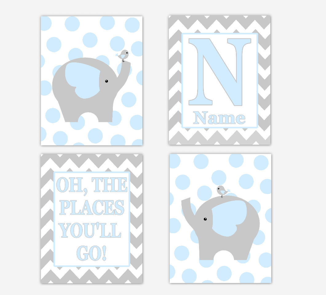 Blue Baby Boy Nursery Art Elephant Personalized Safari Jungle Zoo Animal Baby Nursery Decor 01649