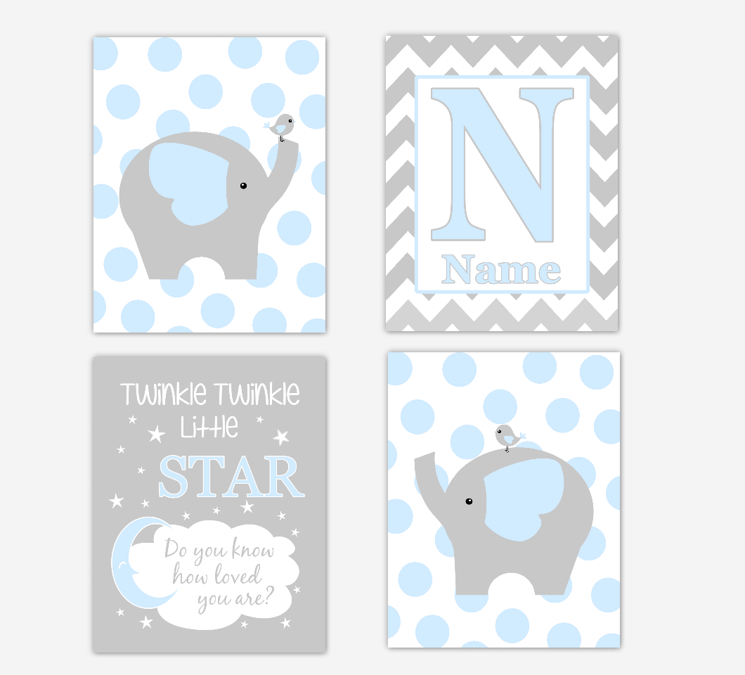Blue Baby Boy Nursery Art Elephant Personalized Safari Jungle Zoo Animal Baby Nursery Decor 01652