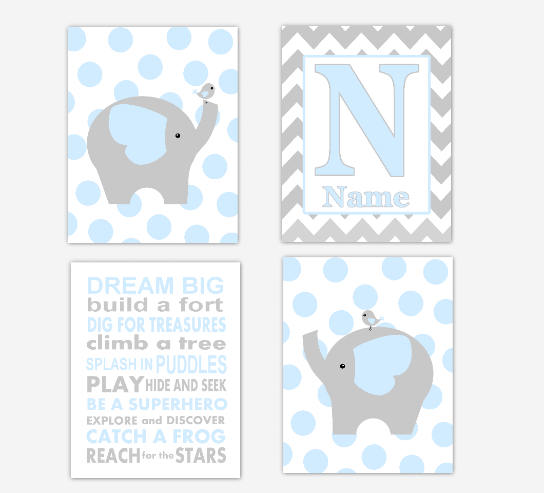 Blue Baby Boy Nursery Art Elephant Personalized Safari Jungle Zoo Animal Baby Nursery Decor 01653