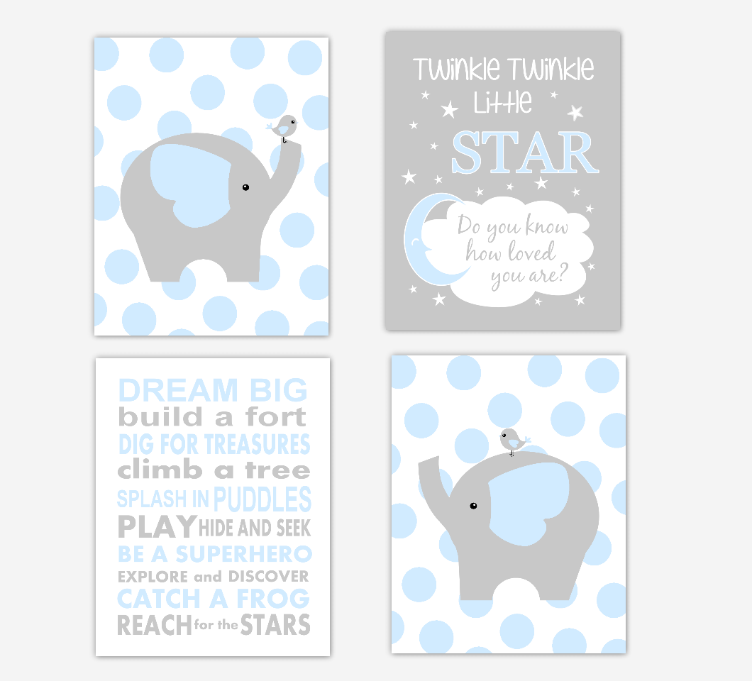 Blue Baby Boy Nursery Art Elephant Dream Big Twinkle Little Star Safari Jungle Zoo Animal Baby Nursery Decor 01654
