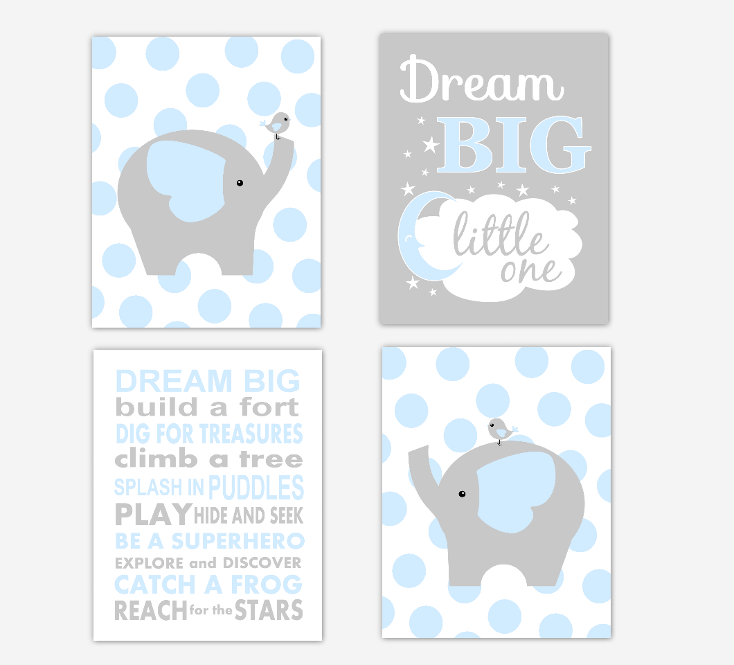 Blue Baby Boy Nursery Art Elephant Dream Big Safari Jungle Zoo Animal Baby Nursery Decor 01655