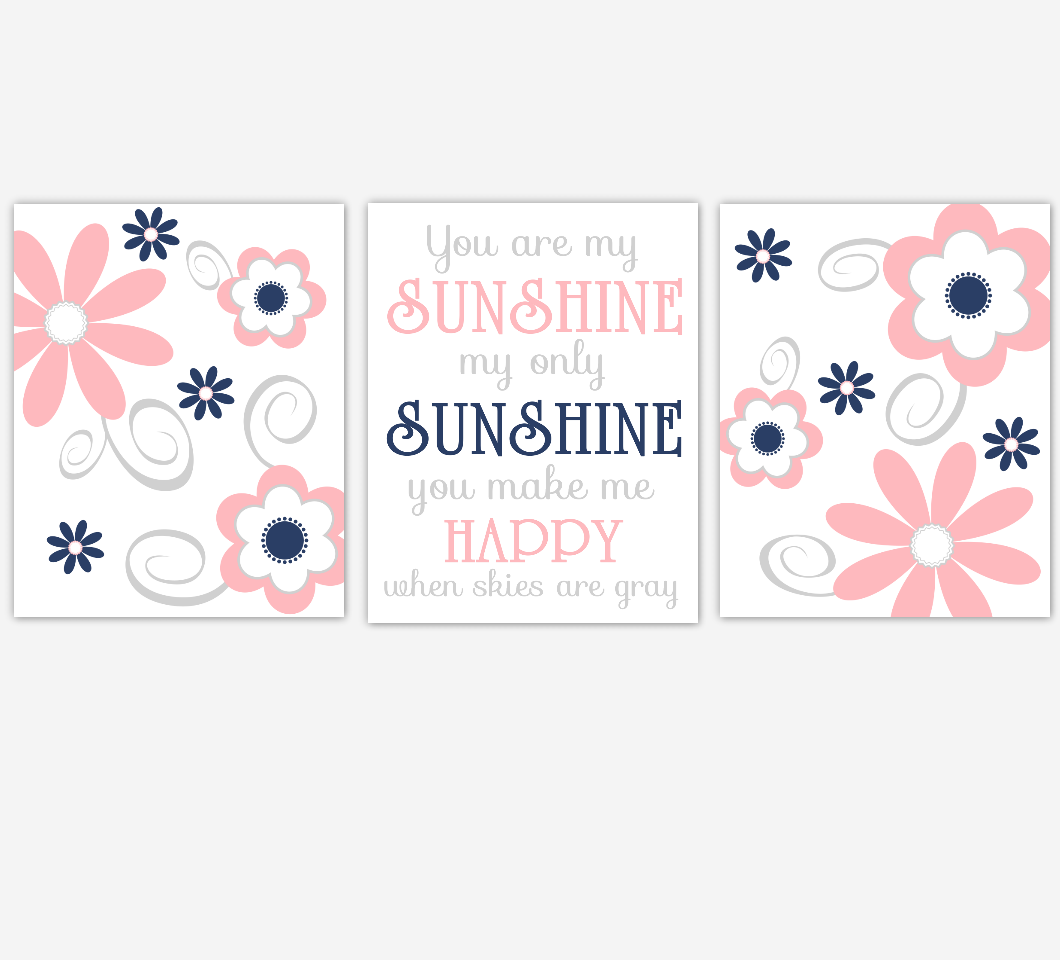 Coral Navy Baby Girl Nursery Decor Flowers Wall Art You Are My Sunshine Baby Girl Room Prints