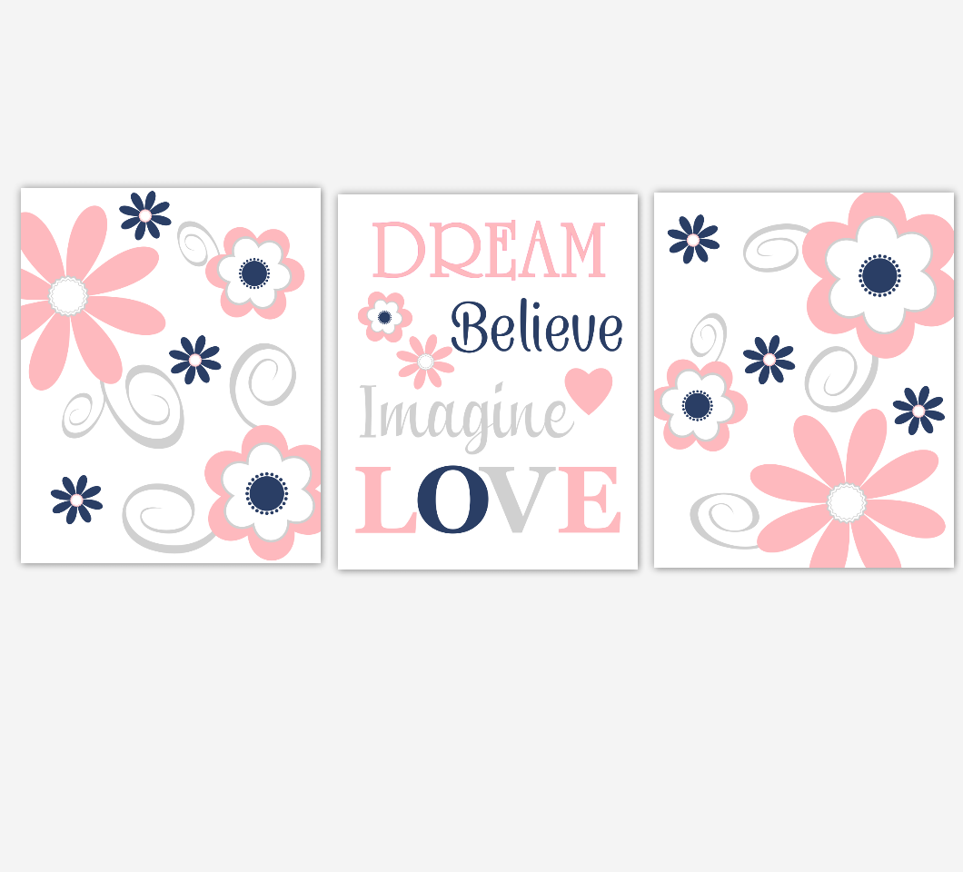 Coral Navy Baby Girl Nursery Decor Flowers Wall Art Dream Believe Imagine LOVE Baby Girl Room Prints 01663
