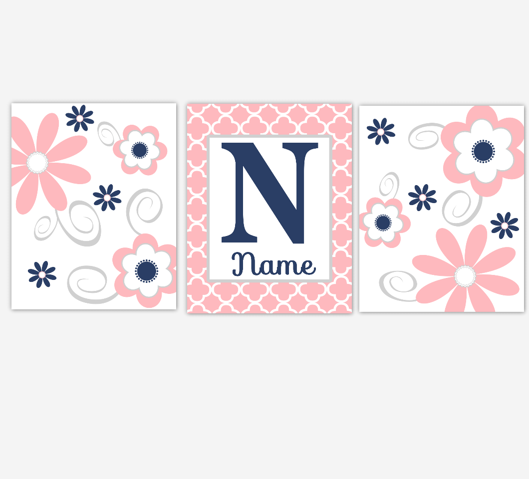 Coral Pink Baby Girl Nursery Decor Navy Flowers Floral Flourish Personalized Baby Girl Wall Art 01668