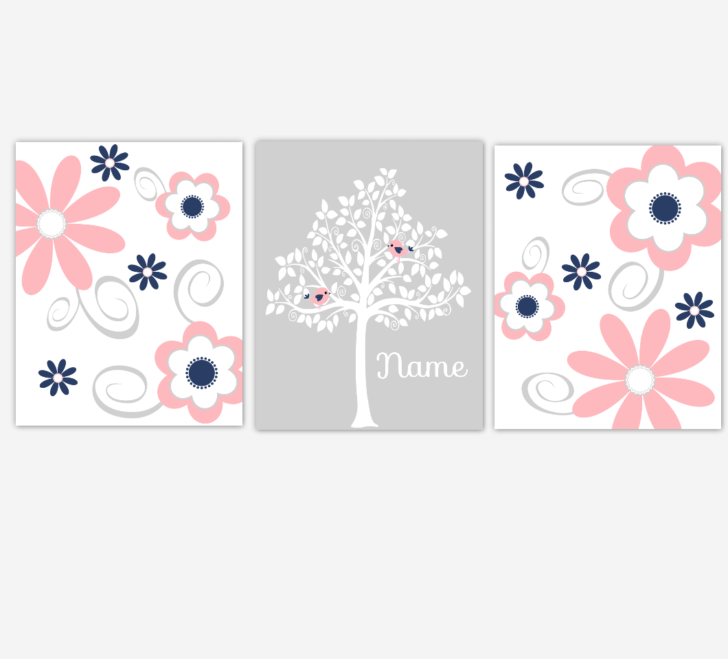 Coral Pink Baby Girl Nursery Decor Navy Flowers Floral Flourish Personalized Baby Girl Wall Art 01669