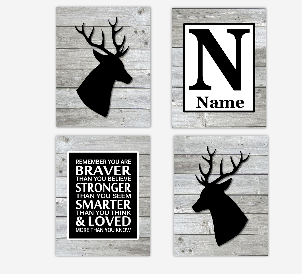 Black Baby Boy Nursery Decor Deer Woodland Farmhouse Style Baby Room Personalized Wall Art Prints 01672