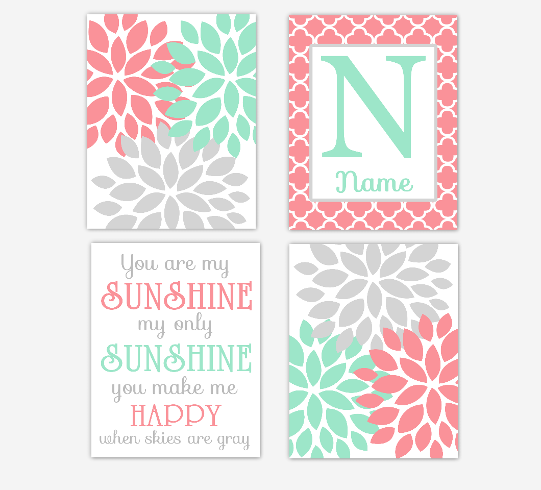 Coral Mint Baby Girl Nursery Decor Dahlia Mum Flowers You Are My Sunshine Wall Art Personalized 01673