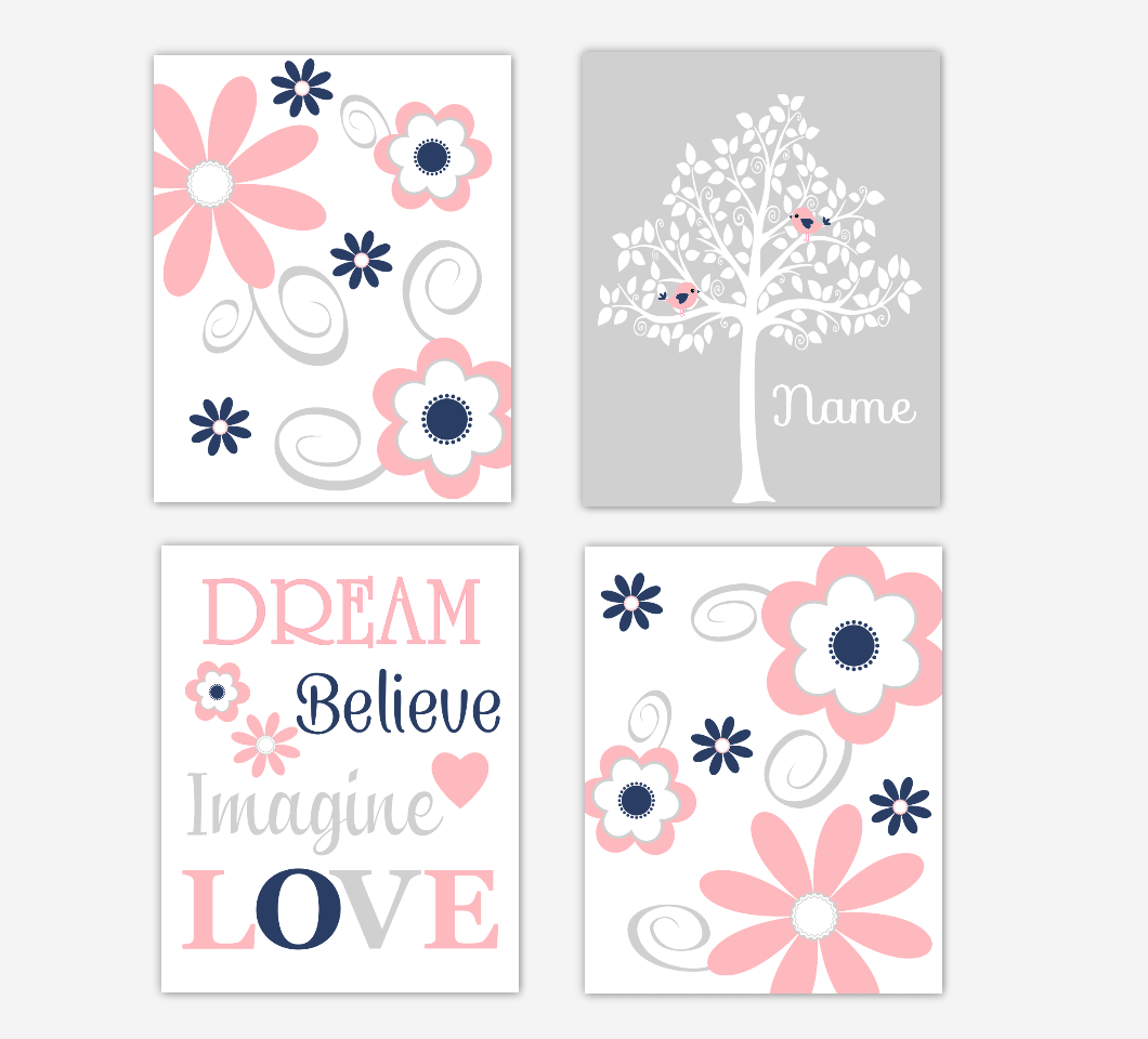 Coral Pink Navy Baby Girl Nursery Decor Flowers Floral Wall Art Personalized Tree 01674