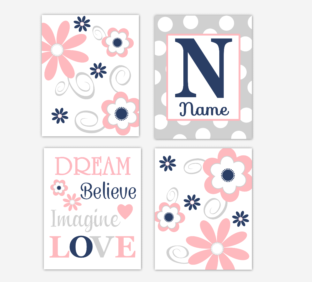 Coral Pink Navy Baby Girl Nursery Decor Flowers Floral Wall Art Personalized Prints 01675