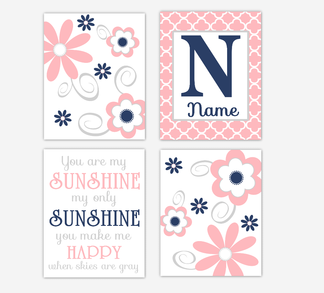 Coral Pink Navy Baby Girl Nursery Decor Flowers Floral Wall Art Personalized Prints 01677