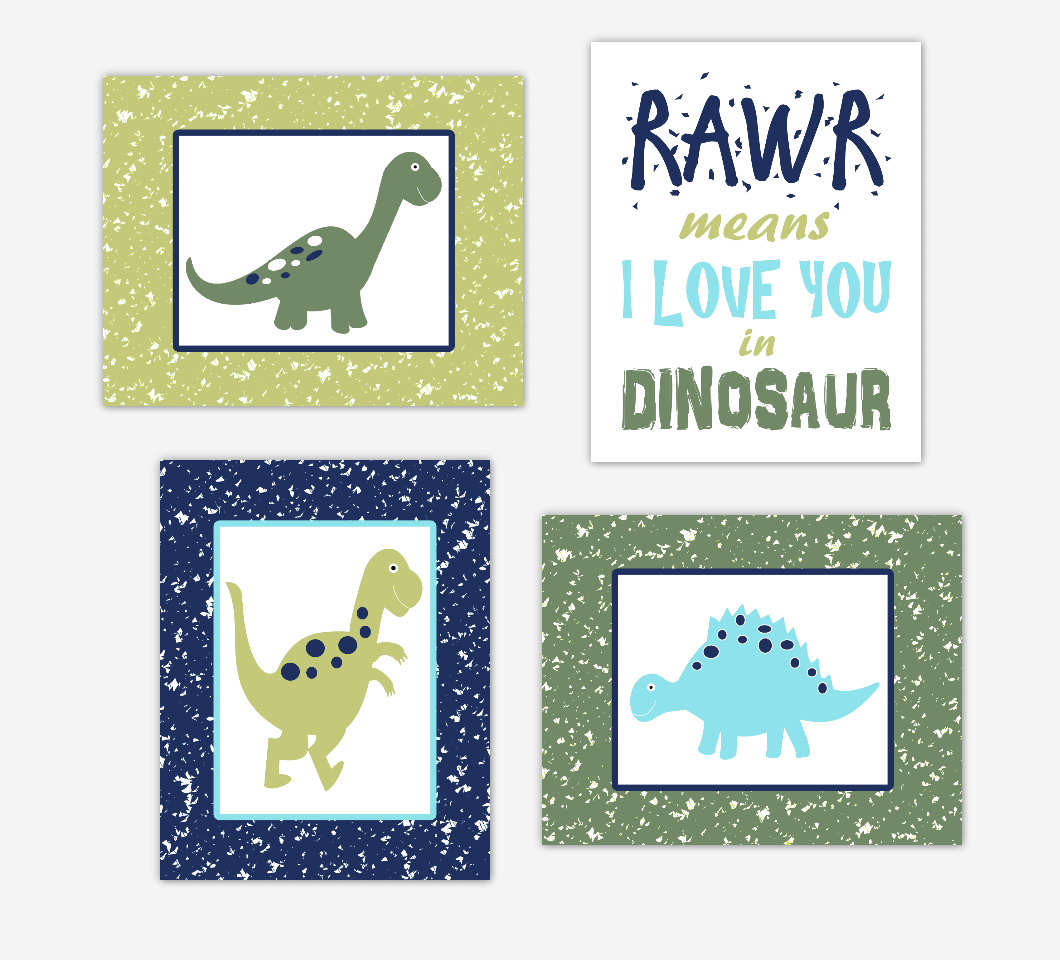 Dinosaur Baby Boy Nursery Decor Green Navy Blue Toddler Boy Bedroom Wall Art