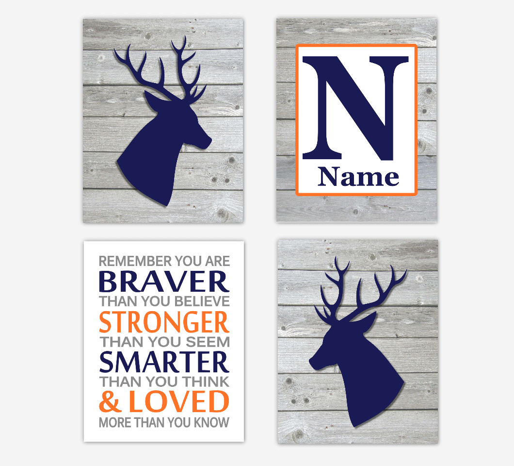 Navy Blue Baby Boy Nursery Decor Deer Orange Remember You Are Braver Rustic Farmhouse Baby Boy Room Wall Art Prints 01685