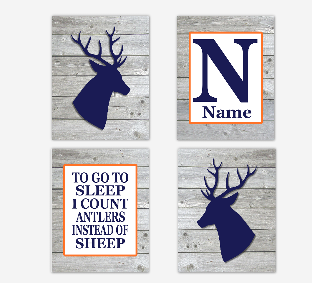 Navy Blue Baby Boy Nursery Decor Deer Orange Rustic Farmhouse Baby Boy Room Wall Art Prints 01686