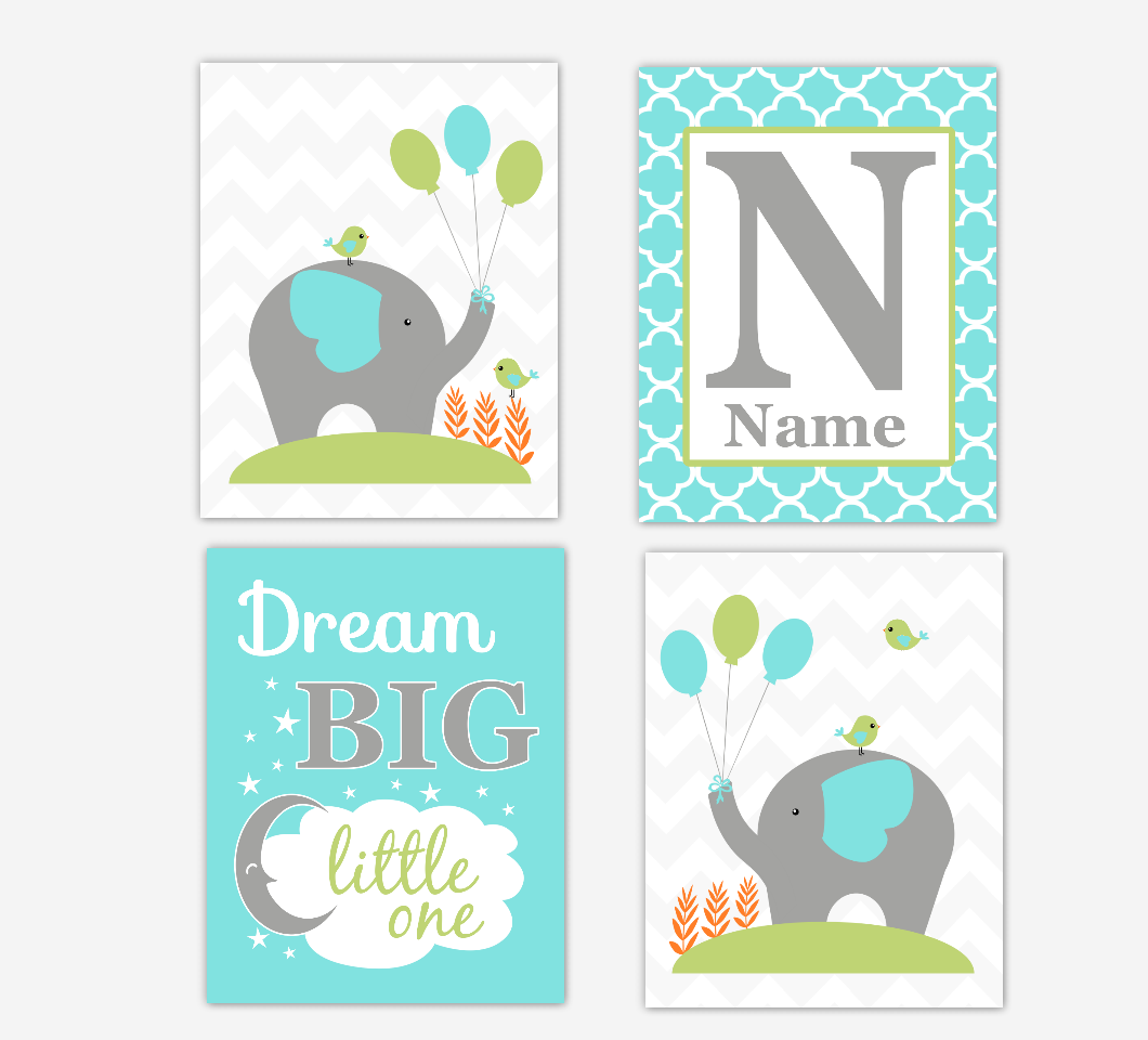 Baby Boy Nursery Decor Turquoise Green Elephant Dream Big Personalized Baby Nursery Wall Art Prints 01689