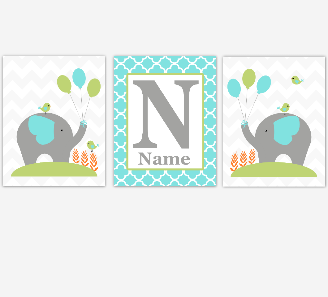 Baby Boy Nursery Decor Turquoise Teal Green Elephant Safari Personalized Baby Boy Wall Art Prints 01690