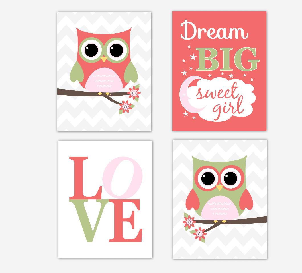 Coral Baby Girl Nursery Decor Owls Pink Green Dream Big LOVE Baby Girl Wall Art Prints 01691