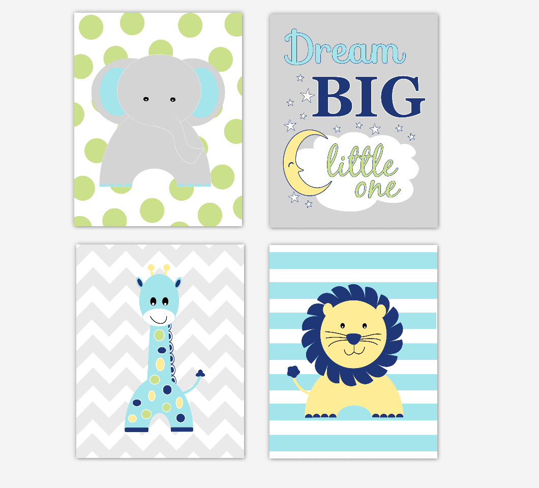 Blue Yellow Baby Boy Nursery Decor Blue Yellow Green Elephant Giraffe Lion Jungle Safari Zoo Animals Dream Big Little One Wall Art Prints 01692