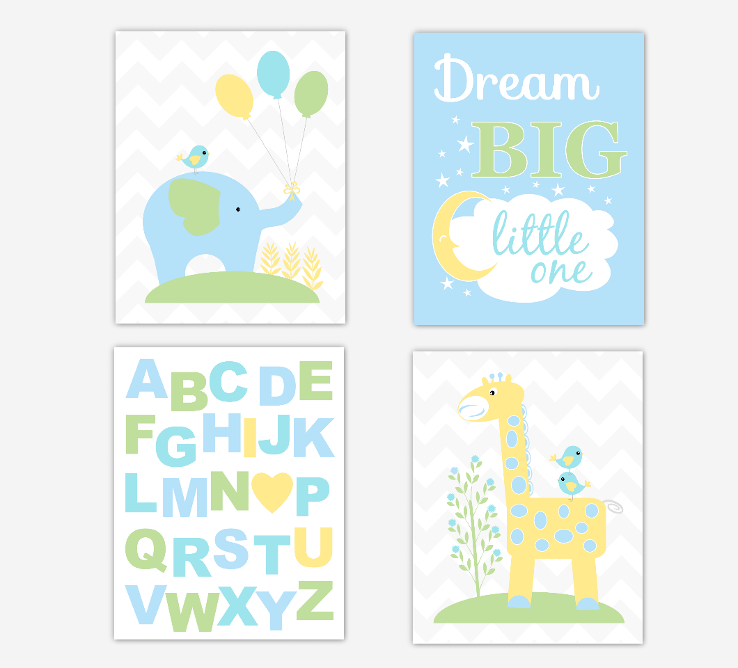 Blue Yellow Safari Elephant Giraffe Baby Boy Nursery Decor Blue Yellow Green Elephant Giraffe ABC Jungle Safari Zoo Animals Baby Nursery Decor Dream Big Little One Wall Art Prints 01693