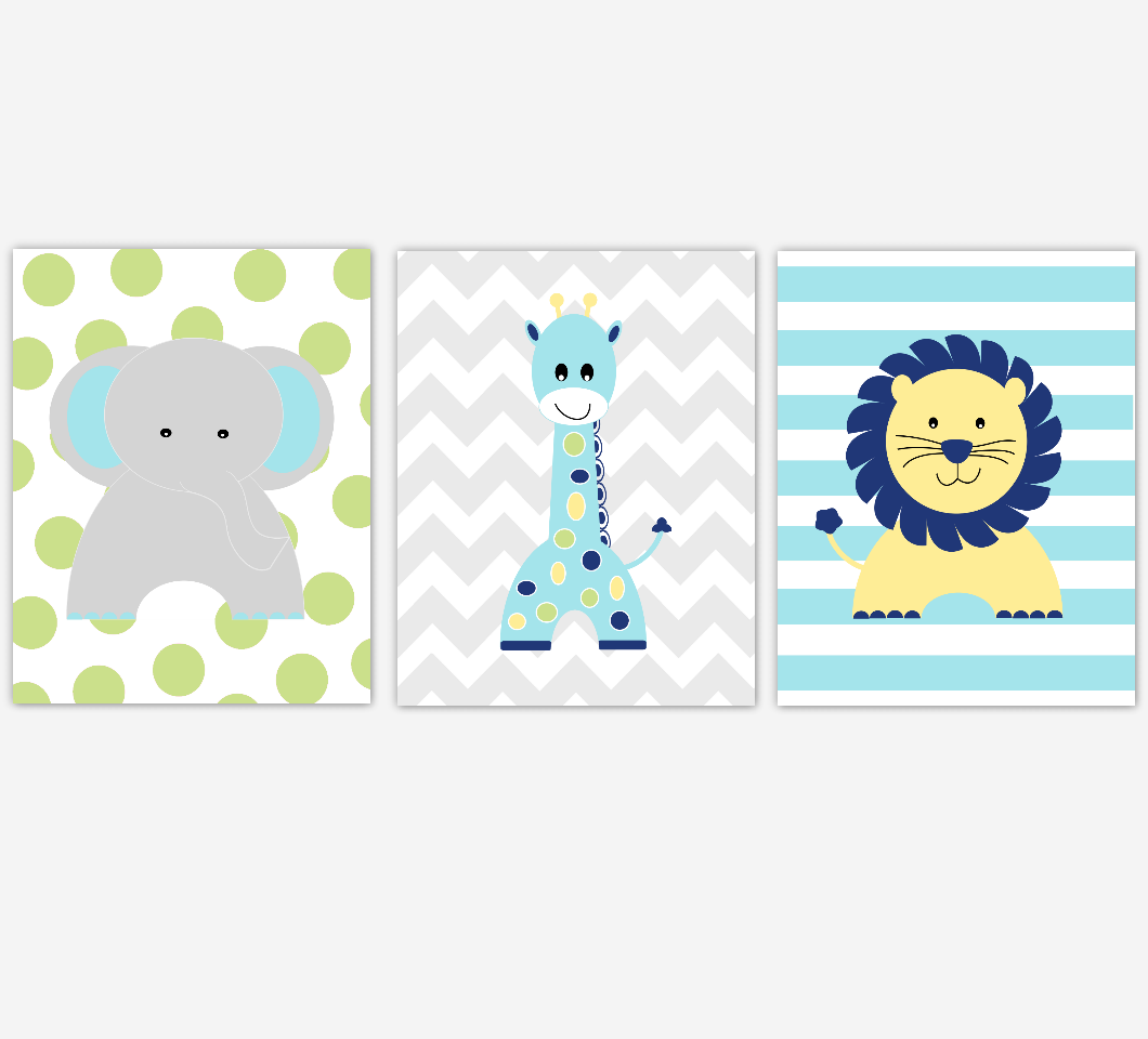 Safari Baby Boy Nursery Decor Yellow Blue Green Elephant Giraffe Lion Jungle Animals Baby BoyRoom Wall Art Prints 01694