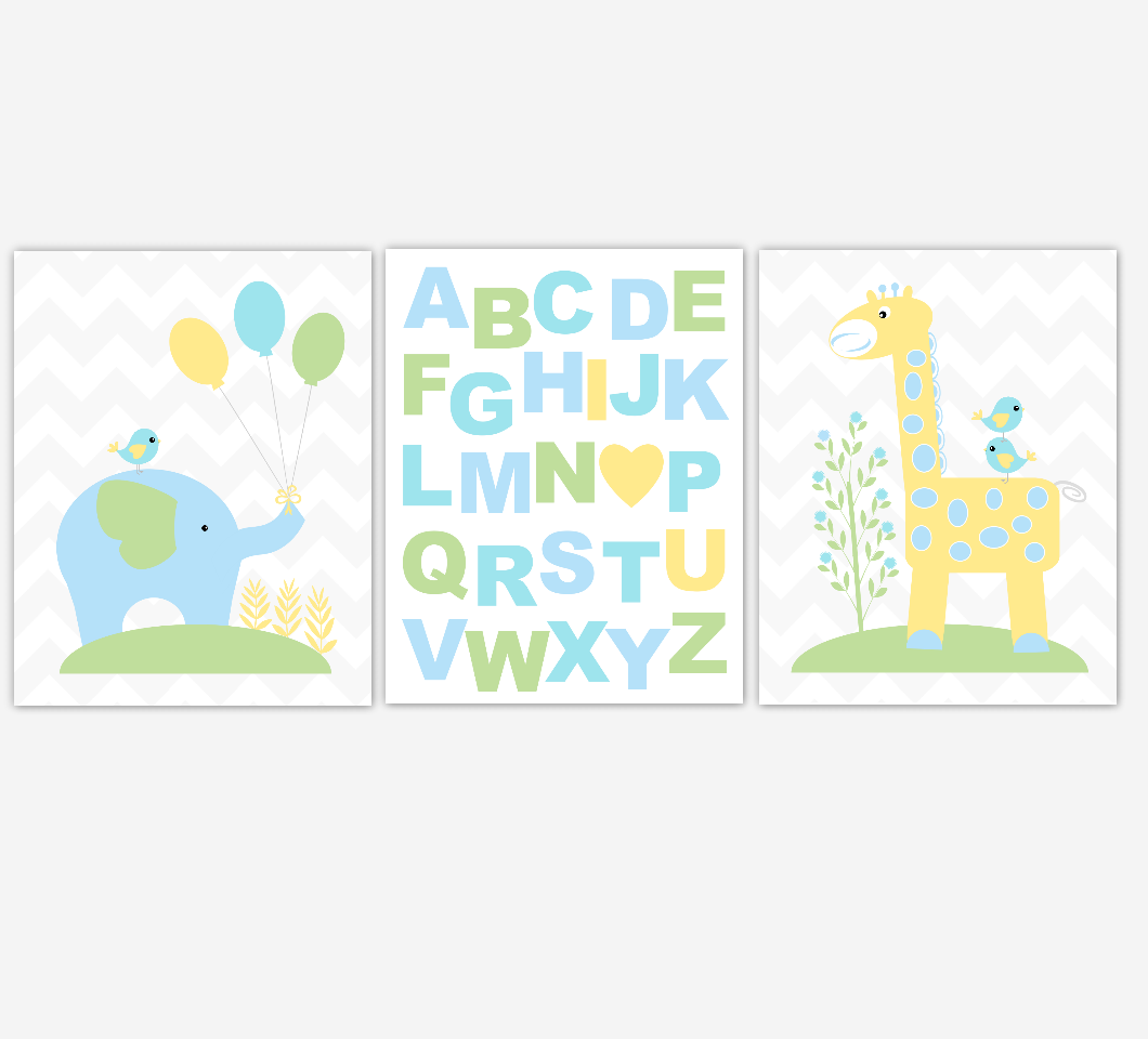 Safari Animals Baby Boy Nursery Decor Yellow Green Blue Elephant Giraffe ABC Jungle Animals Baby Boy Room Wall Art Prints 01695