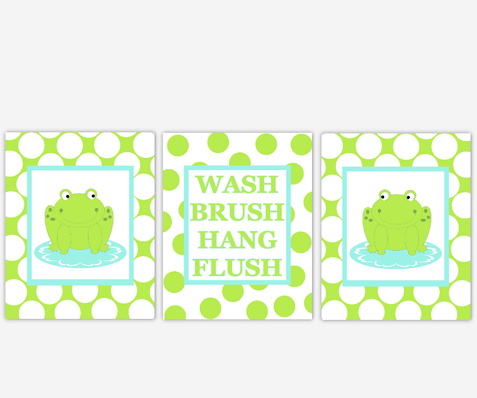 Frog Bath Wall Decor Lime Green Aqua Kids Bath Decor Bathroom Rules Wash Brush Hang Flush Frog Bath Decor Polka Dot Bath Prints 00717