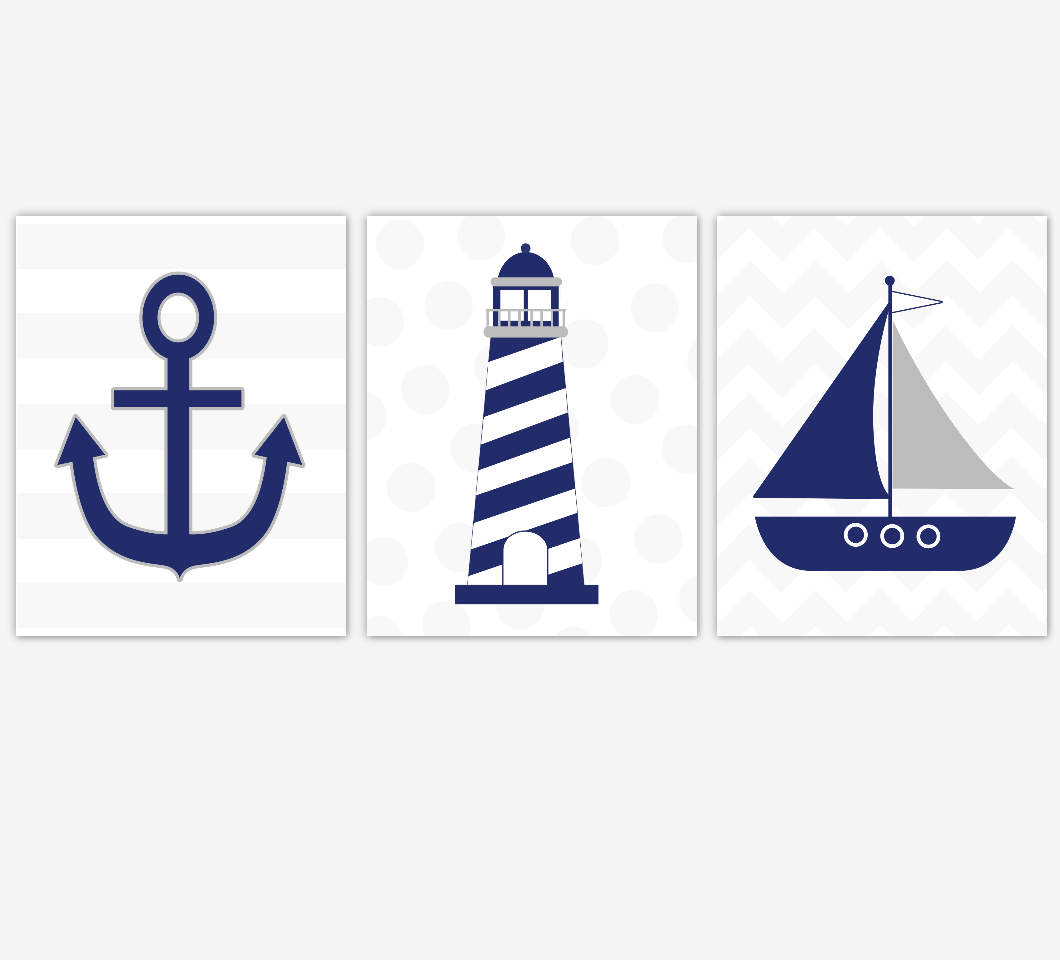 BLUE GRAY Nautical Baby Boy Nursery Wall Art Lighthouse Anchor Sailboat Bathroom Wall Art Navy Grey Chevron Bathroom Prints Home Decor Boys Room Wall Art Playroom Prints SET OF 3 UNFRAMED PRINTS 00461