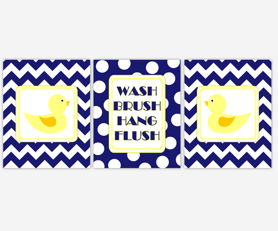 Rubber Duck Kids Bath Wall Art Rubber Duck Ducky Wash Brush Hang Flush Bath Rules Navy Blue Chevron Polka Dots Bath Prints Bathroom Home Decor Prints SET OF 3 UNFRAMED PRINTS 00410
