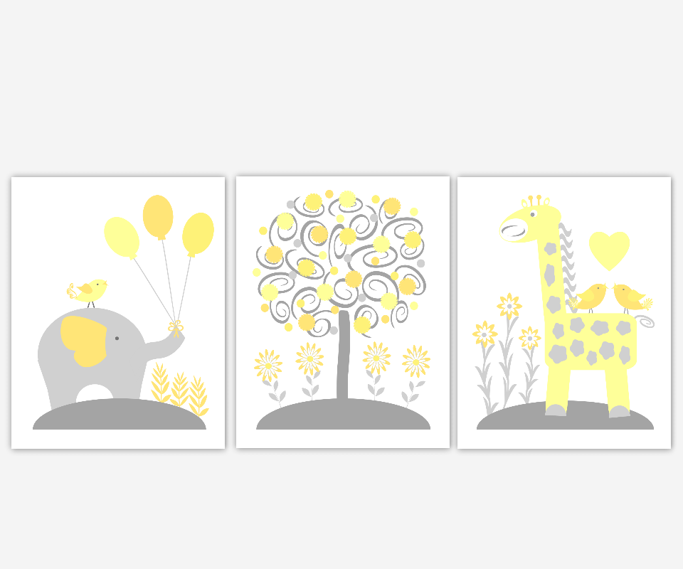 Yellow Baby Nursery Wall Art Yellow Gray Elephant Giraffe Safari