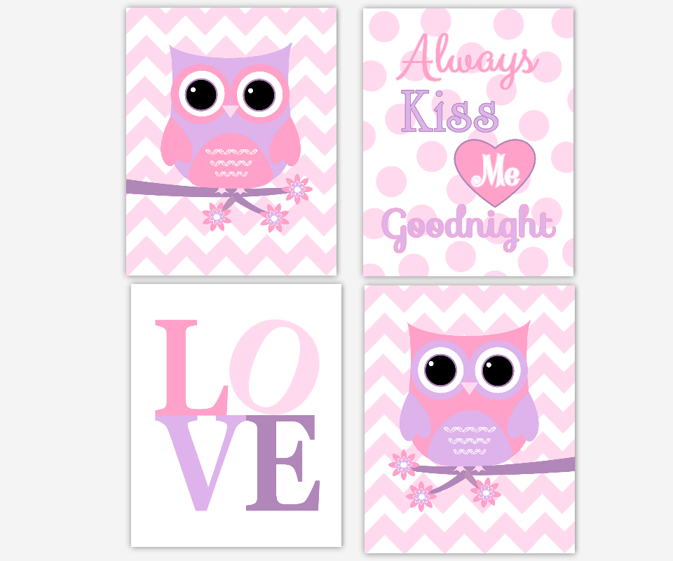 Owl Baby Girl Nursery Wall Art Pink Lavender Purple Girl Room Art