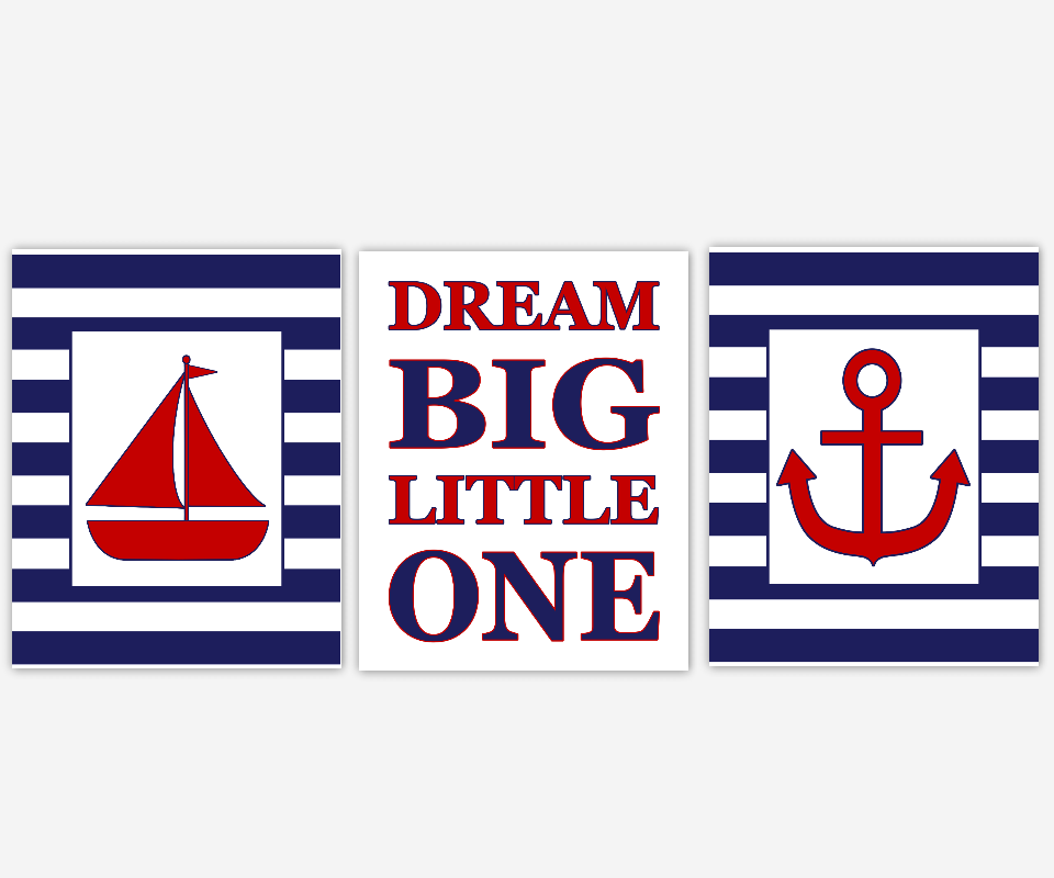 Nautical Baby Boy Nursery Decor Navy Blue Red Sailboat Anchor Baby Nursery Prints Nursery Wall Art Bath Wall Art Dream Big Little One Boys Room Art Kids Bath Decor SET OF 3 UNFRAMED PRINTS 00484