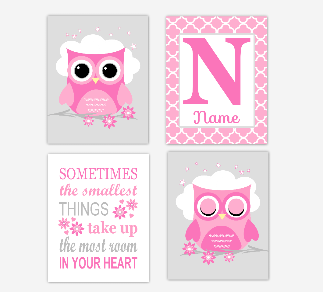 Pink Owl Baby Girl Nursery Wall Art Prints Personalized Sometimes The Smallest Things Baby Nursery Decor SET OF 4 UNFRAMED PRINTS 01696
