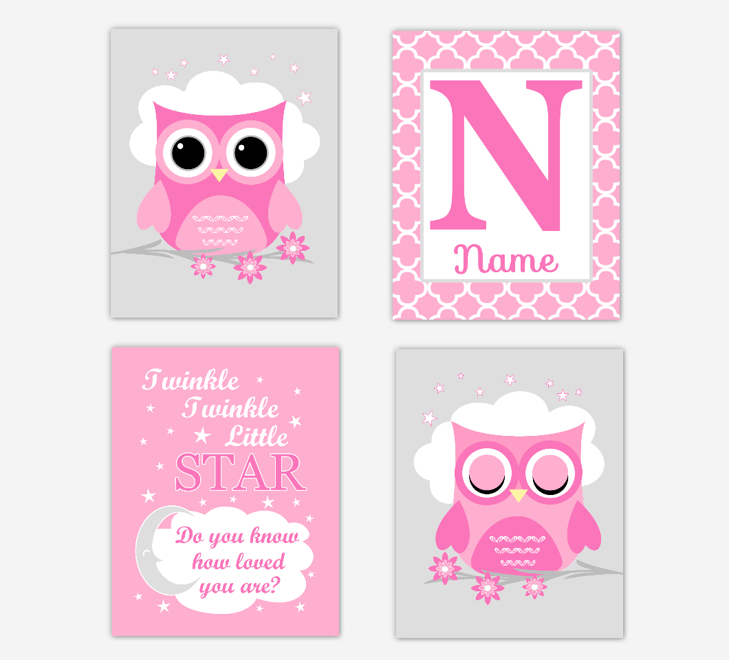 Pink Owl Baby Girl Nursery Wall Art Prints Personalized Twinkle