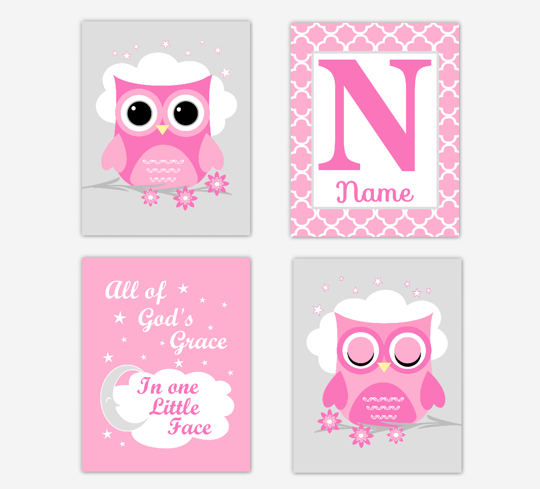 Pink Owl Baby Girl Nursery Wall Art Prints Personalized All Of Gods Grace Baby Nursery Decor SET OF 4 UNFRAMED PRINTS 01698