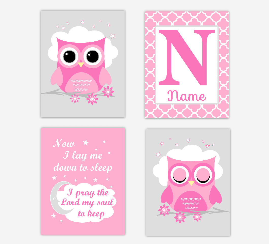 Pink Owl Baby Girl Nursery Wall Art Prints Personalized Now I Lay Me Down To Sleep Baby Nursery Decor SET OF 4 UNFRAMED PRINTS 01699