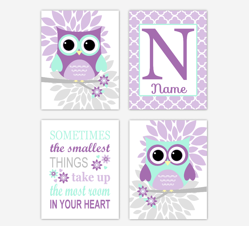 Purple Mint Owl Baby Girl Nursery Wall Art Prints Personalized Sometimes The Smallest Things Baby Nursery Decor SET OF 4 UNFRAMED PRINTS 01700