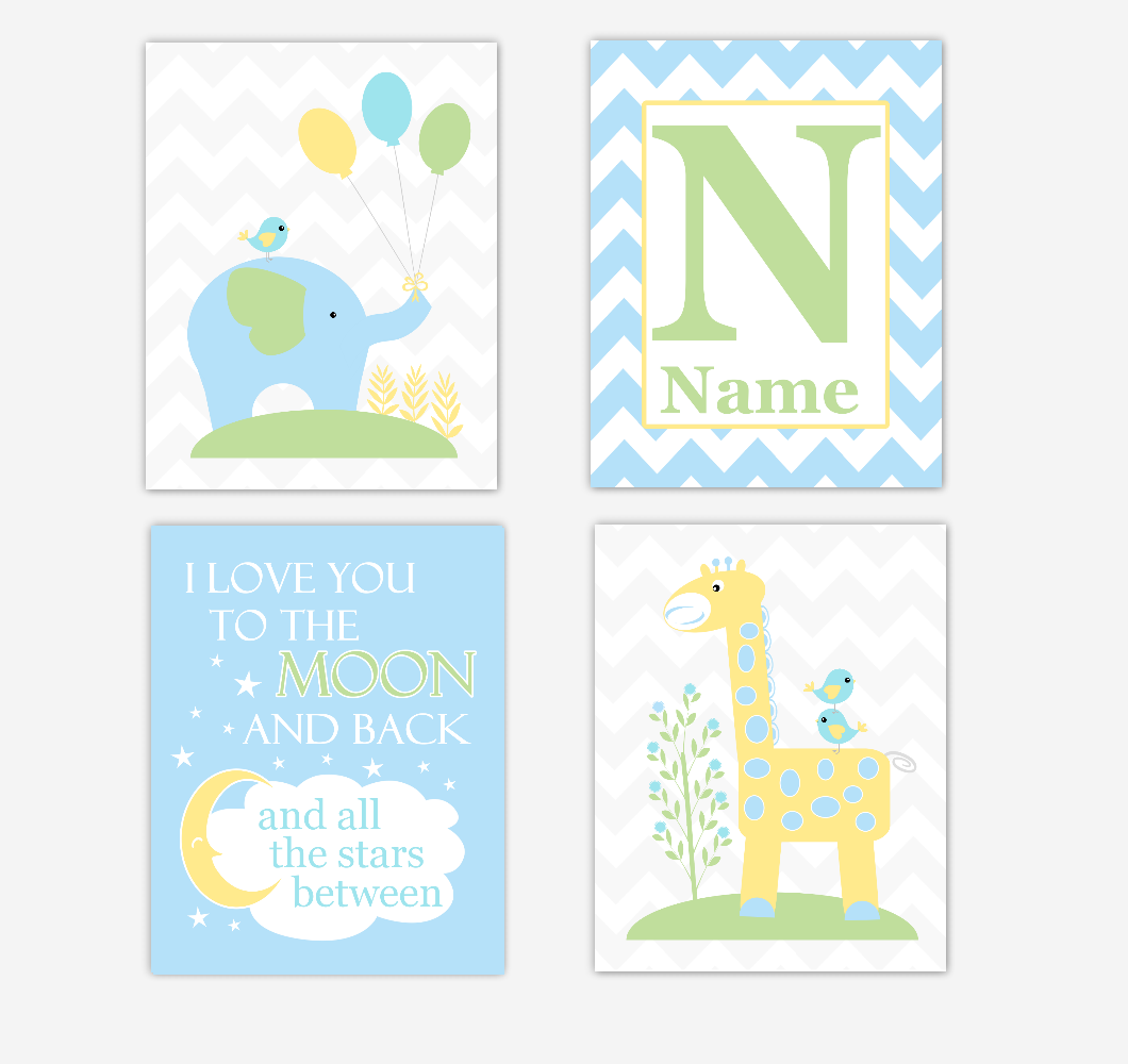 Safari Baby Boy Nursery Wall Art Prints Blue Yellow Green Elephant Giraffe I Love You To The Moon and Back Baby Nursery Decor SET OF 4 UNFRAMED PRINTS 01702