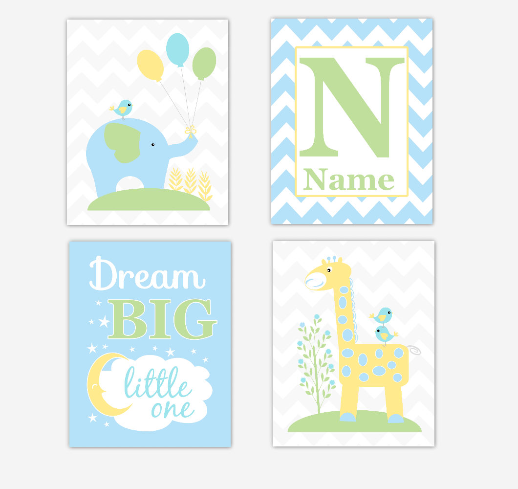 Safari Baby Boy Nursery Wall Art Prints Blue Yellow Green Elephant Giraffe I Love You To The Moon and Back Baby Nursery Decor 01703
