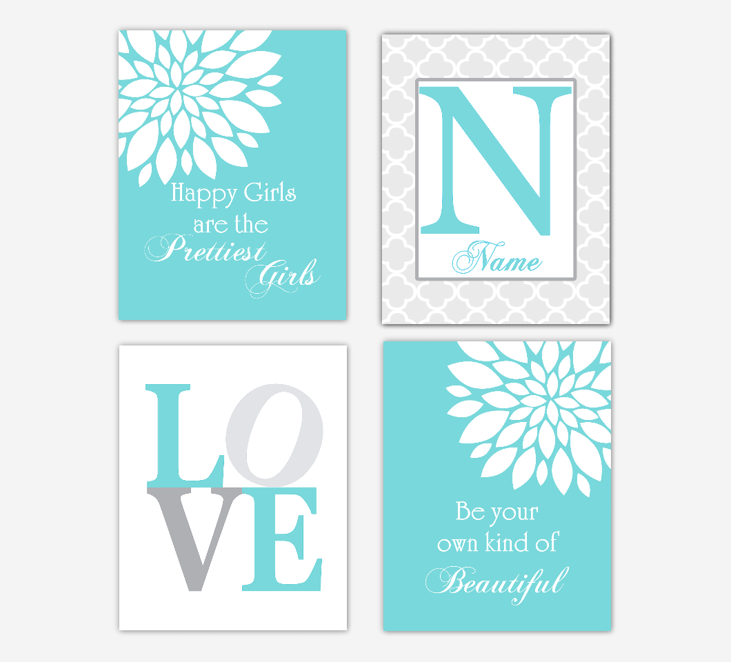 Teal Dahlia Mum Flowers Wall Art Prints Girl Bedroom Decor Inspirational Quotes LOVE Personalized Wall Decor Baby Nursery Decor 01716