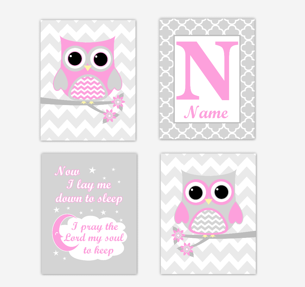 Pink Owls Baby Girl Nursery Wall Art Prints Personalized Baby Nursery Decor Now I Lay Me Down to Sleep 01718