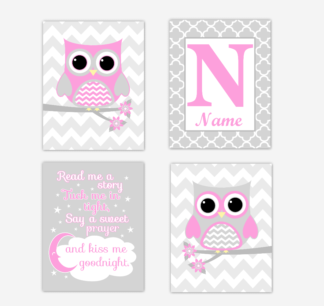 Pink Owls Baby Girl Nursery Wall Art Prints Personalized Baby Nursery Decor Read Me A Story 01719