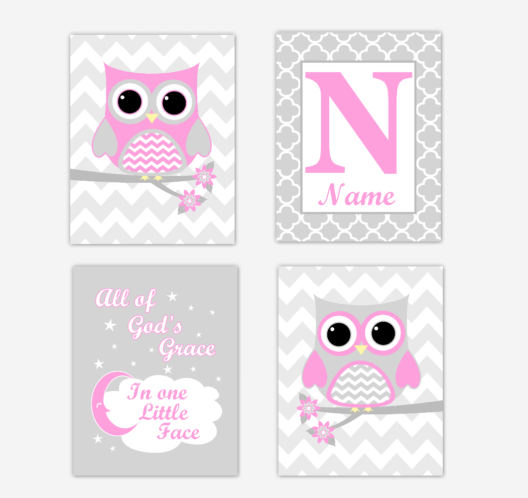 Pink Owls Baby Girl Nursery Wall Art Prints Personalized Baby Nursery Decor All Of Gods Grace 01720