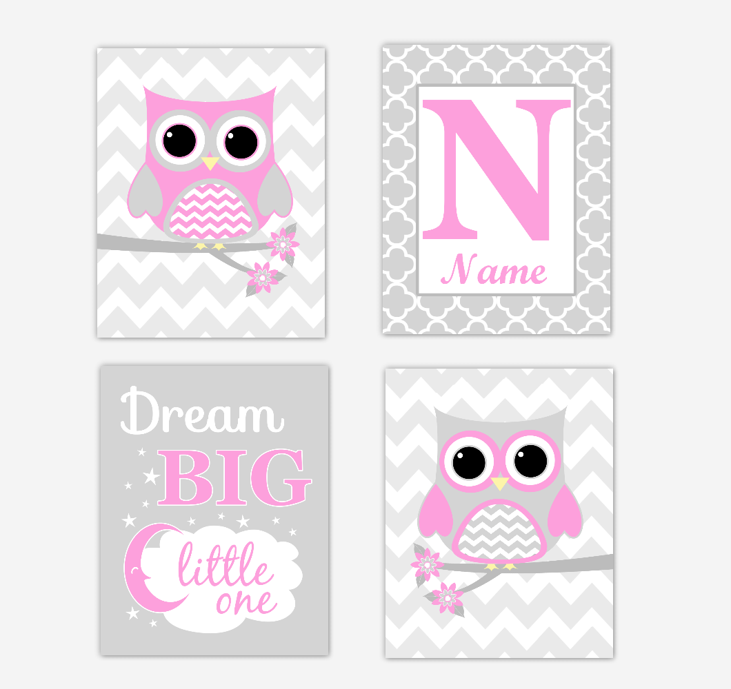 Pink Owls Baby Girl Nursery Wall Art Prints Personalized Baby Nursery Decor Dream Big Little One 01721