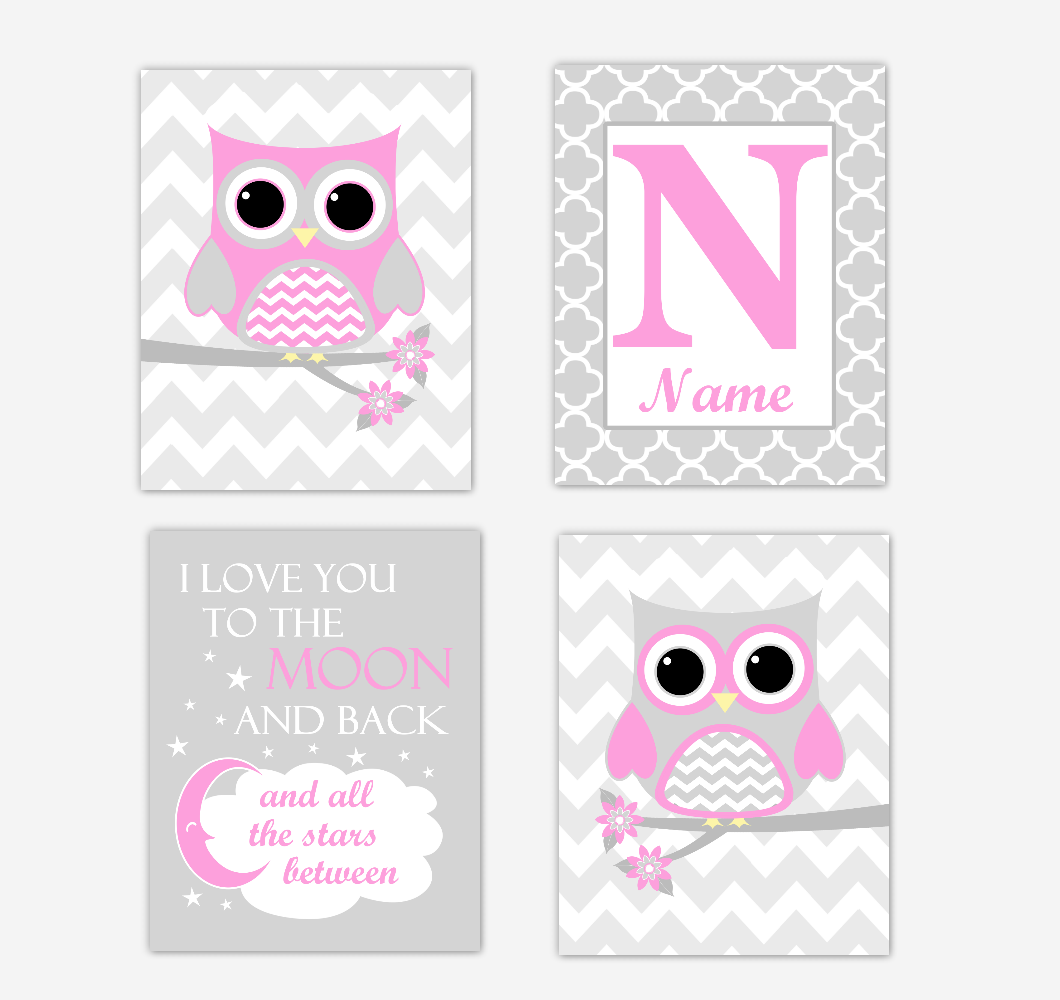 Pink Owls Baby Girl Nursery Wall Art Prints Personalized Baby Nursery Decor I Love You To The Moon and Back 01722