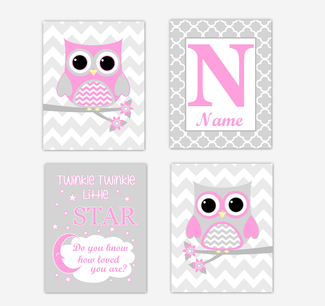 Pink Owls Baby Girl Nursery Wall Art Prints Personalized Baby Nursery Decor Twinkle Little Star 01723