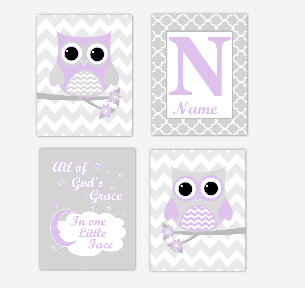 Purple Owls Baby Girl Nursery Wall Art Prints Personalized Baby Nursery Decor Dream Lavender Gray All Of Gods Grace 01728