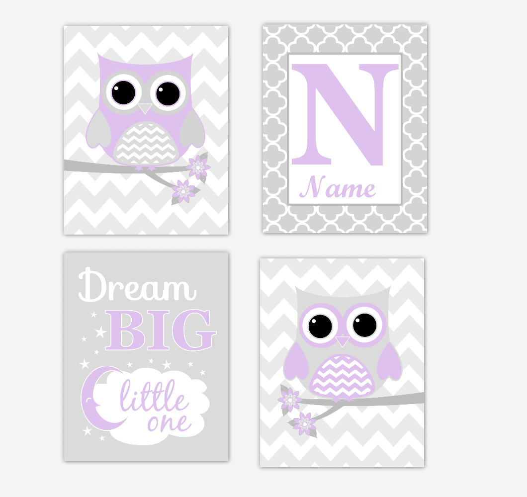 Purple Owls Baby Girl Nursery Wall Art Prints Personalized Baby Nursery Decor Dream Lavender Gray Dream Big Little One 01729