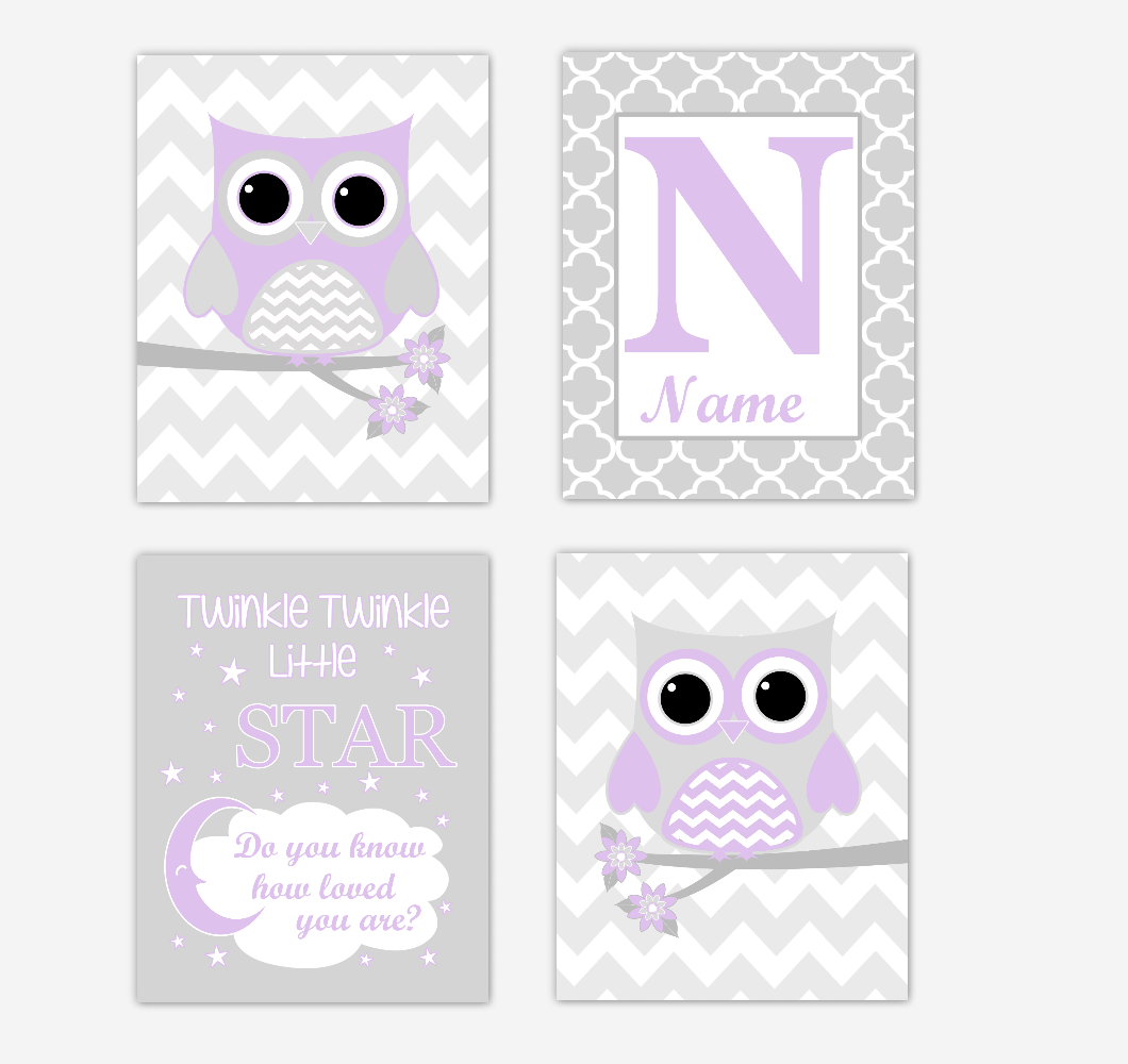 Purple Owls Baby Girl Nursery Wall Art Prints Personalized Baby Nursery Decor Dream Lavender Gray Twinkle Little Star 01730