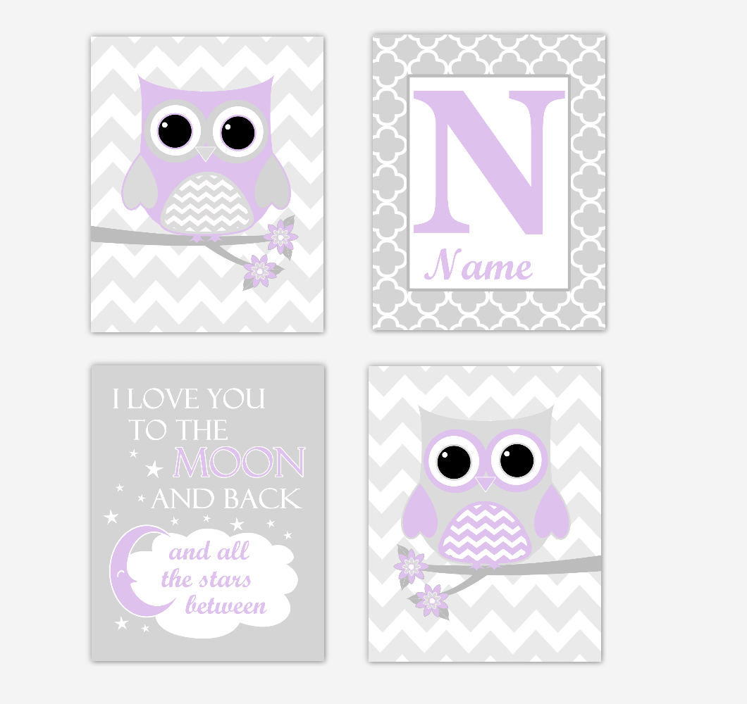 Purple Owls Baby Girl Nursery Wall Art Prints Personalized Baby Nursery Decor Dream Lavender Gray Twinkle Little Star 01731