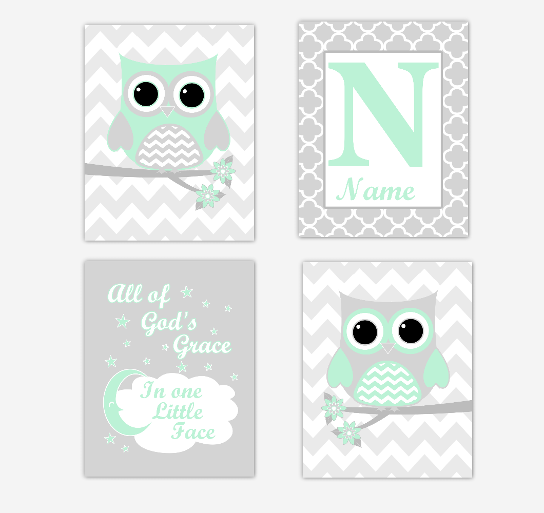 Mint Green Owls Baby Girl Nursery Wall Art Prints Personalized Baby Nursery Decor Dream All Of Gods Grace 01734