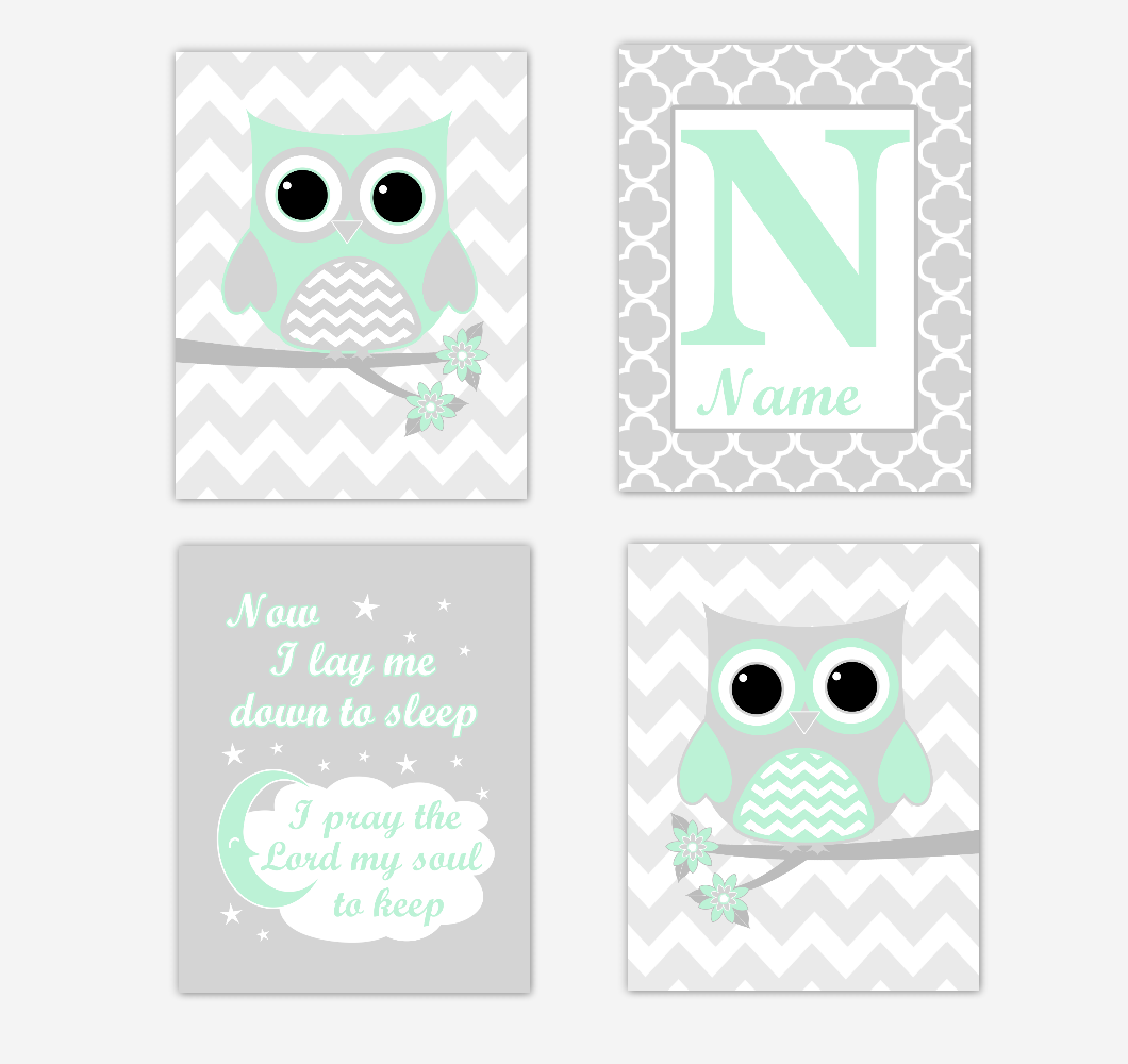Mint Green Owls Baby Girl Nursery Wall Art Prints Personalized Baby Nursery Decor Now I Lay Me Down To Sleep 01735